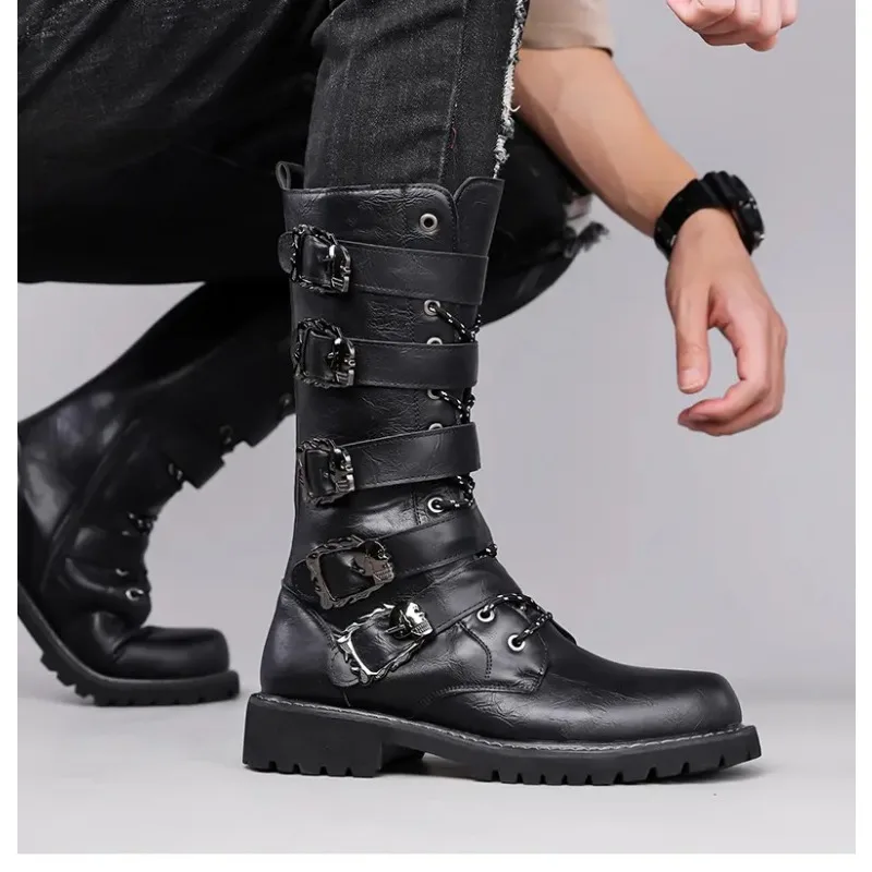 

Men's PU Leather Motorcycle Boots Mid-calf Breathable Combat Boots Leather Black High top Casual Boot Man
