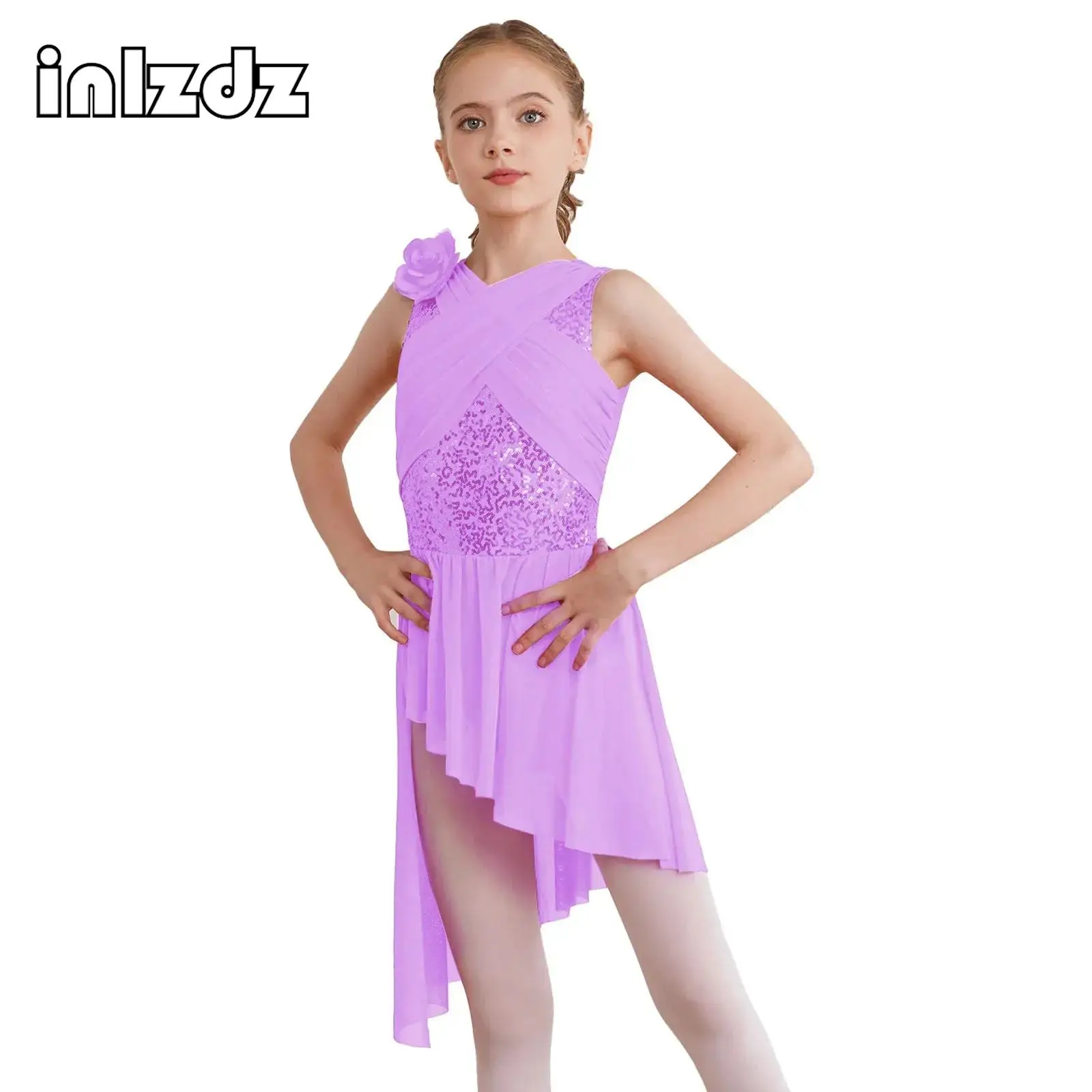 

Kids Girls Sequined Ballet Dance Dress Chiffon Asymmetric Split Gymnastics Leotard Skating Contemporary Performance Dance Wear