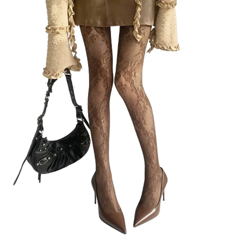 1 Pair Women's Brown Lace Rose Tights – Stretchy Pantyhose with Cut-out Jacquard Soles, Fishnet Style, and French Rose Pattern