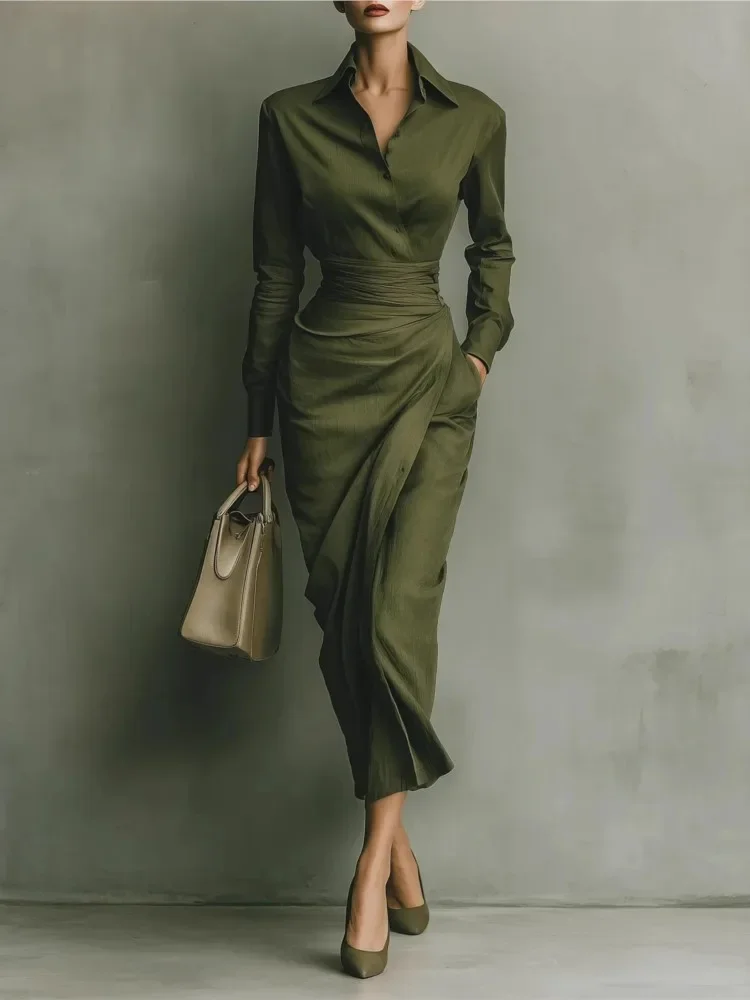 

New Casual Turn Down Collar Midi Dress Women Spring Autumn Long Sleeve Party Dress 2025 Patchwork Office Lady Slim Fit Dresses