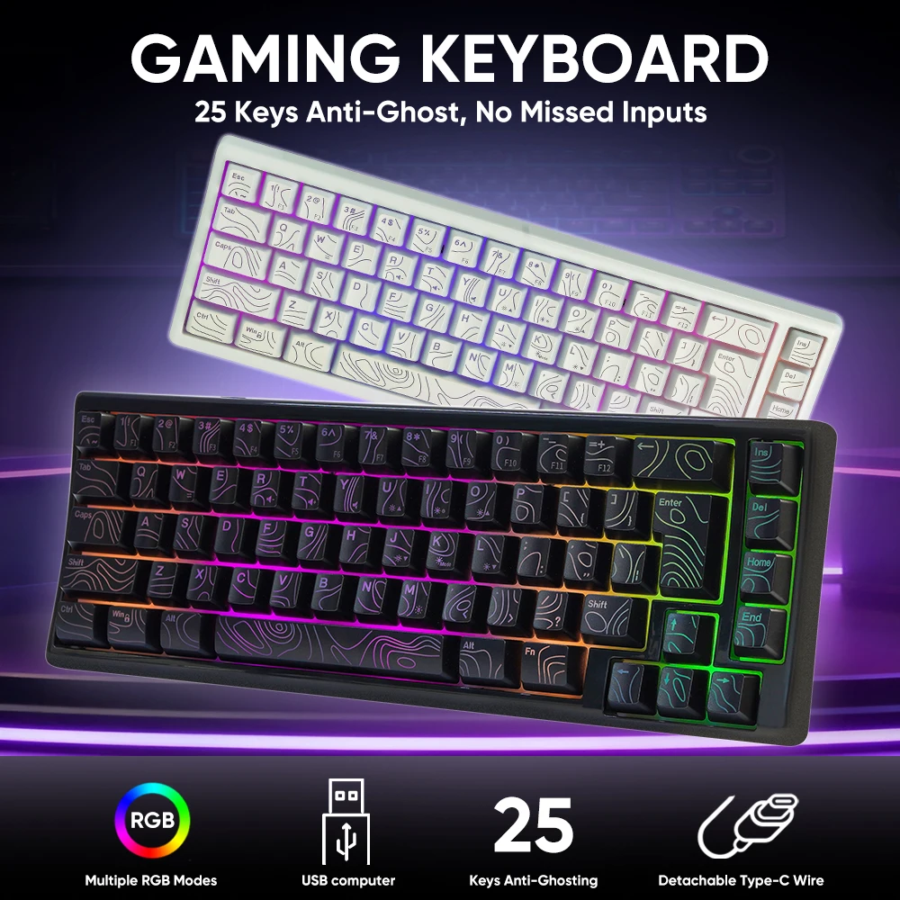 Silent RGB Gaming Keyboard 25 Anti-Ghosting Ergonomic Wired USB with Detachable Type-C Cable Multi-System Compatible