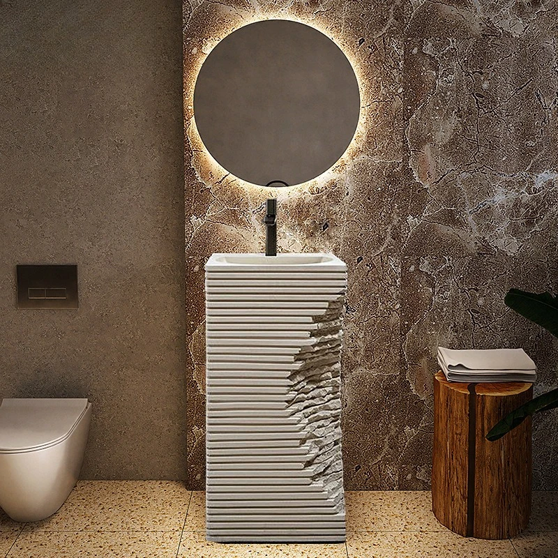 

Wabi Sand Travertine Personalized Wash Basin Designer Integrated Floor-to-ceiling Wash Table Creative Art Outdoor Pillar Basin