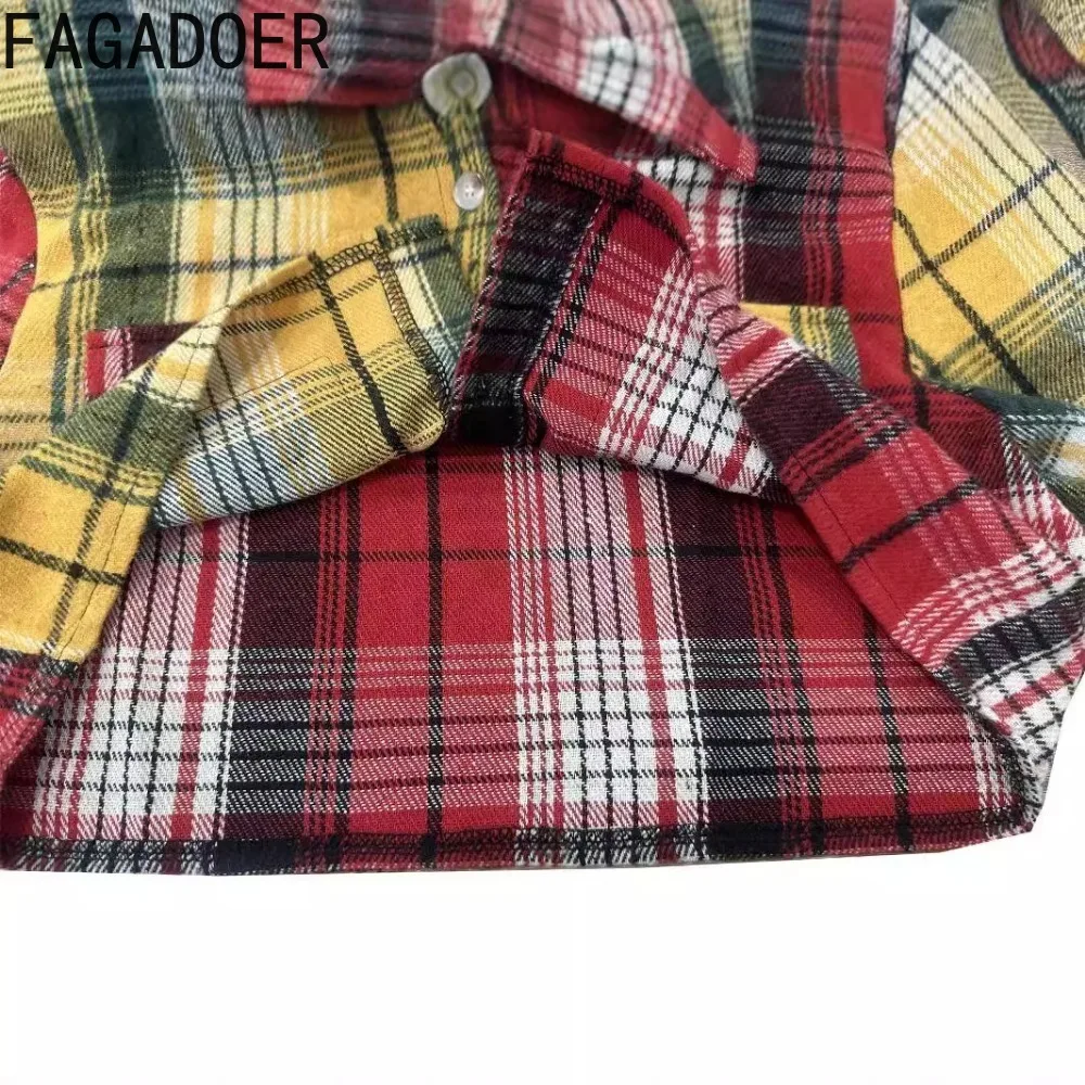 FAGADOER Fashion Plaid Print Slim Crop Coats Women Turndown Collar Button Long Sleeve Slim Tops Casual Female Pocket OL Clothing