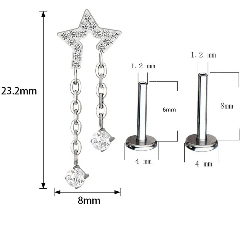 G23 Titanium EAR PIERC Pentagram and Heart Chain Pendant Ear Studs with Zircon Top Tragus Earring Ear Helix Piercing Jewelr