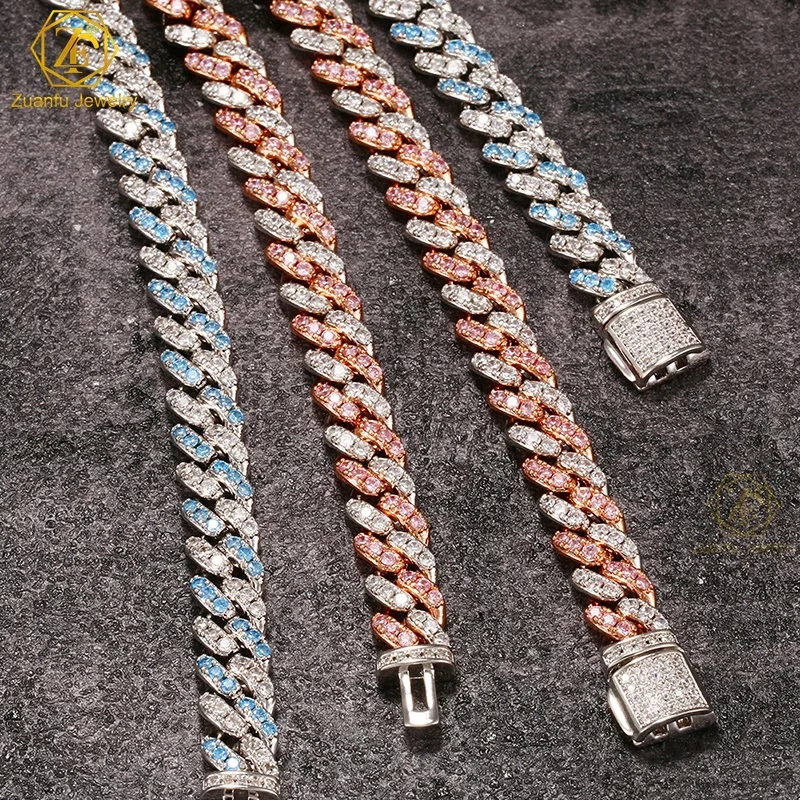 Wholesale Jewelry 8mm Gold Silver Rainbow Pink Blue Vvs Moissanite Diamond Cuban Chain Miami Cuban Chain