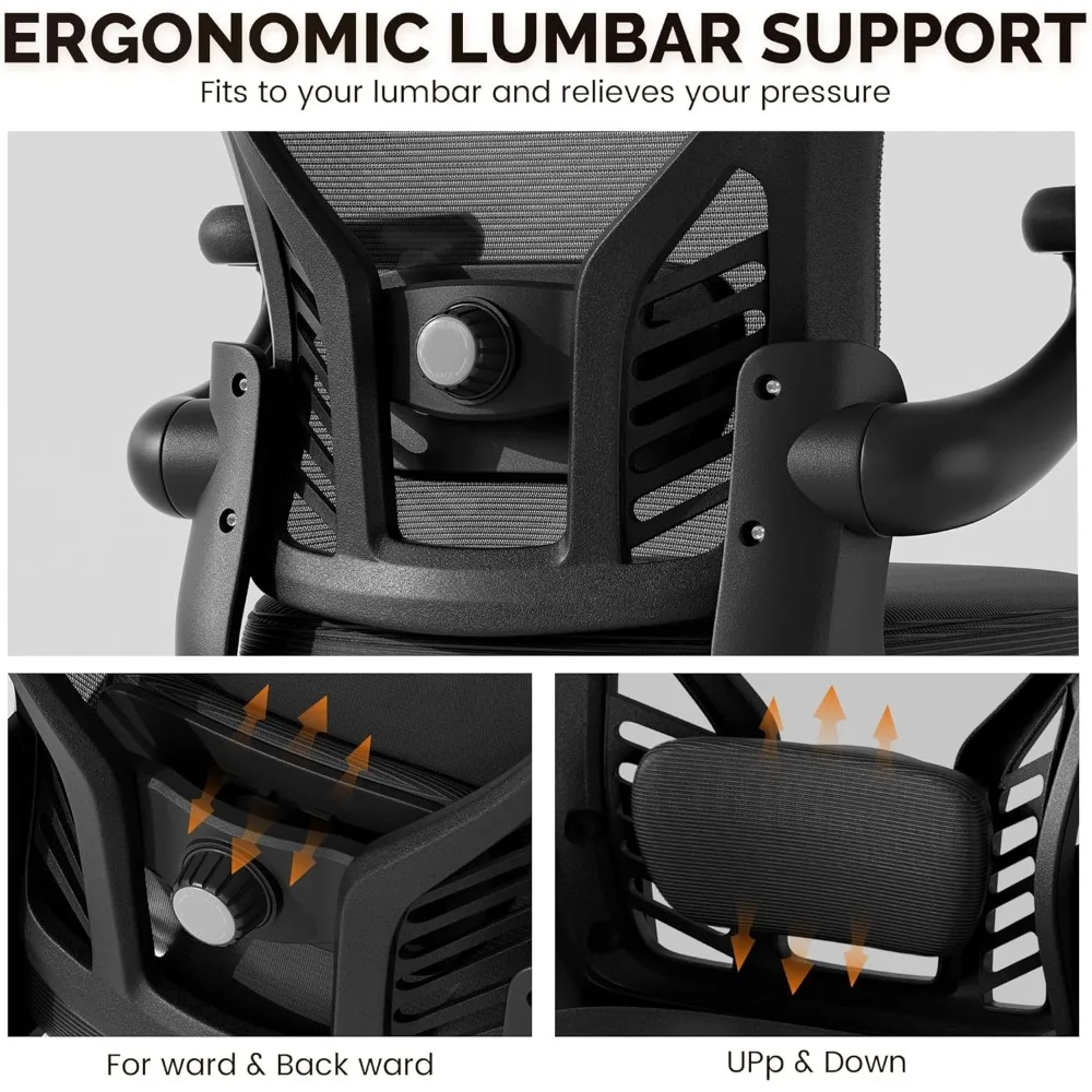 Computer Desk Chair with Wheels, Mesh Office Chair with Flip Up Arms, Adjustable Lumbar Support, Swivel Desk Chair Comfy,