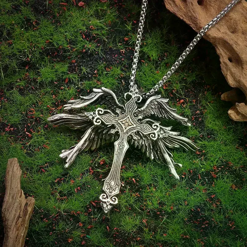 Gothic-Inspired Antique Jesus Wings Cross Necklace for Men and Women; Dark Punk Style, Makes A Great Religious Keychain Gift.