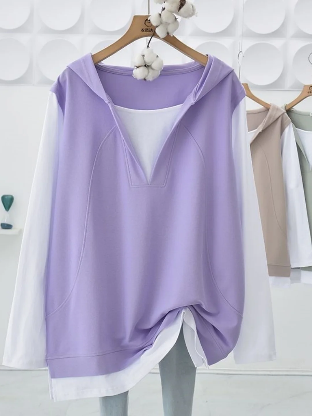 

Худи оверсайз для женщин, цветной блок, длинный рукав, толстовка, топ, большой размер, повседневная уличная одежда