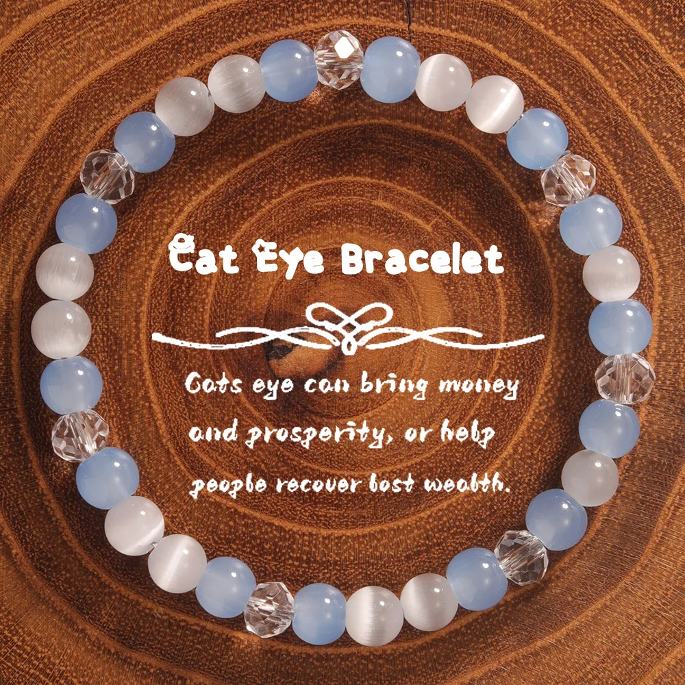 Pulsera de cristal de aguamarina con corte de diamante a la moda con pulsera de cuentas de piedra de ojo de gato adecuada para uso diario