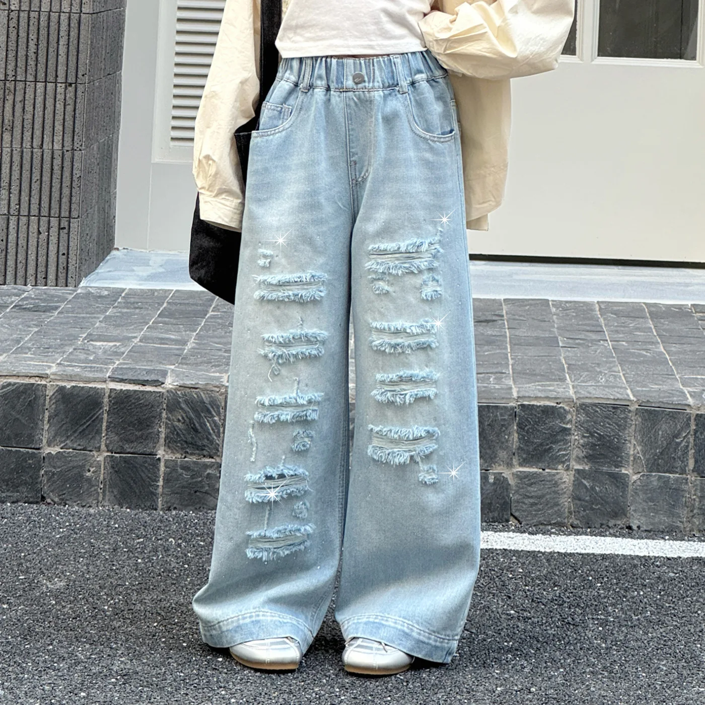 Spring Chic Ripped Beaded Blue Jeans for Teen Girls Junior Kids Denim Pants School Trousers Children's Clothing Sizes 4-14 Years