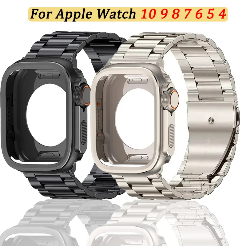 Legierungsgehäuse + Edelstahlarmband für Apple Watch Ultra 2 1 49 mm 46 mm 45 mm 44 mm, ausgehöhlte Schutzhülle für Iwatch 10, 9, 8, 7, 6