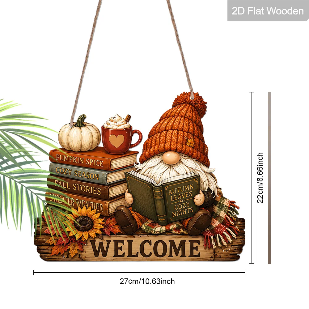 2D Flache Herbst-Zwerg-Willkommens-Holztafel Kürbis Buch Kaffee Herbst Bauernhaus Thanksgiving Haustür Wanddekoration – Detail 7