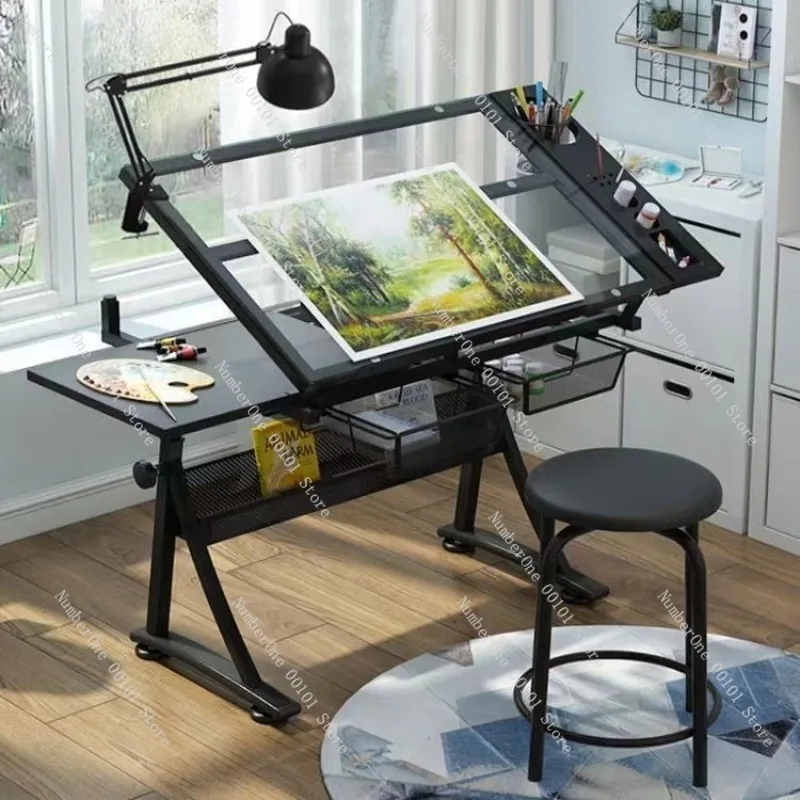 Adjustable Glass-Top Drawing Desk Creative Studio Work Table,Suitable Art Sketching,Drafting,Computer Graphic Design Manual Work