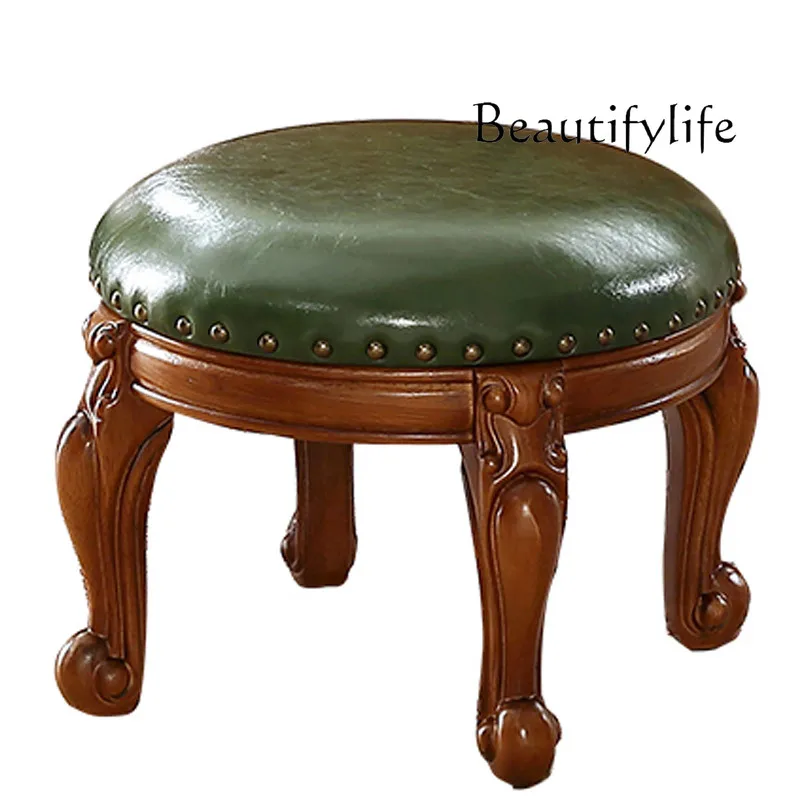 

American small round stool all solid wood coffee table leather surface small stool round leather stool living room