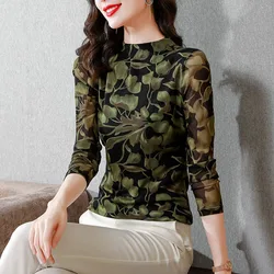 #1602 Spring Black Printed Mesh T Shirt Women Short Tshirt Female Long Sleeve Vintage Basic Women's T-shirt Thin Elastic Office