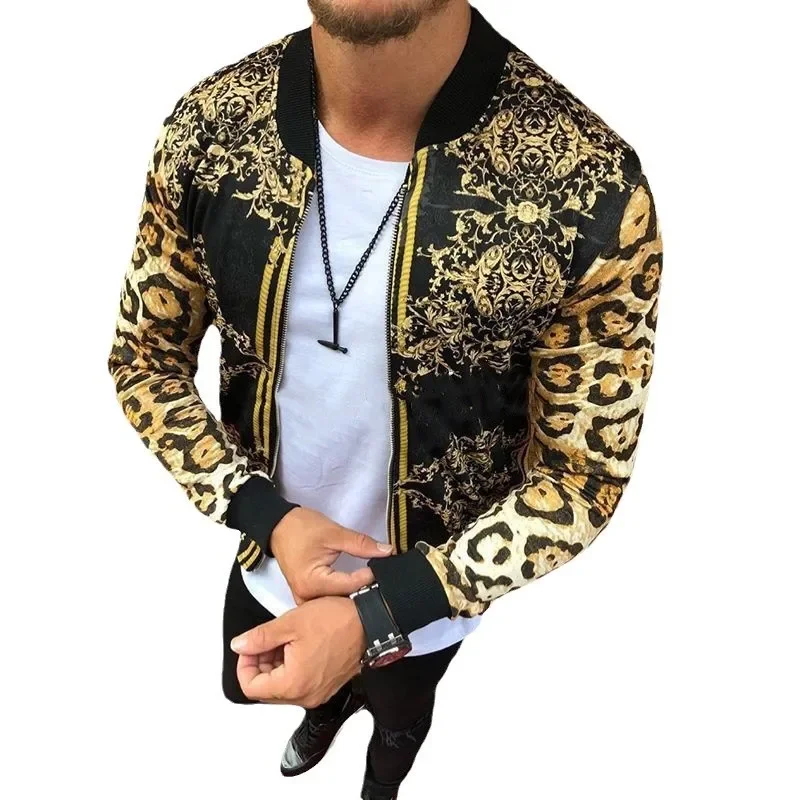 Cool Stylish Men Coat Vintage Men Long Sleeve Leopard Jacket Easy to Wash Round Neck Male Jacket for Winter