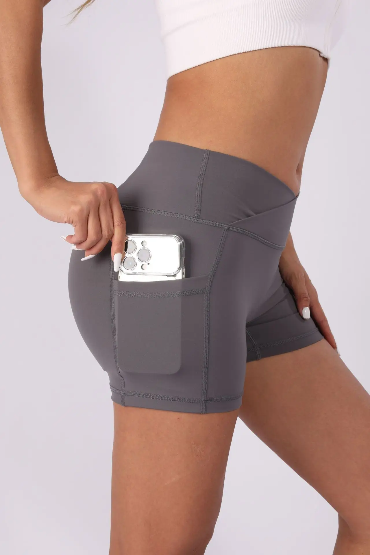 Women New Solid Color Patchwork Slim Pocket Yoga Sports Shorts Pants Gym Fitness Solid Color Elastic