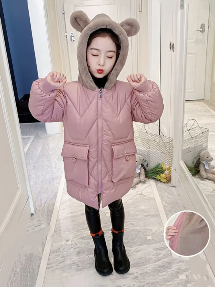 Girls Hooded Plus Velvet Thicken Outerwear Winter Warm Coats Parkas Jacket Cute Solid Down Jackets Kids Casual Clothes 2024 New