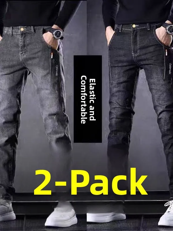 

Summer Stretchy Slim Fit Straight Leg Work Jeans Men's Casual Bla Long Trousers Youth Faionable Cotton Stretch Denim