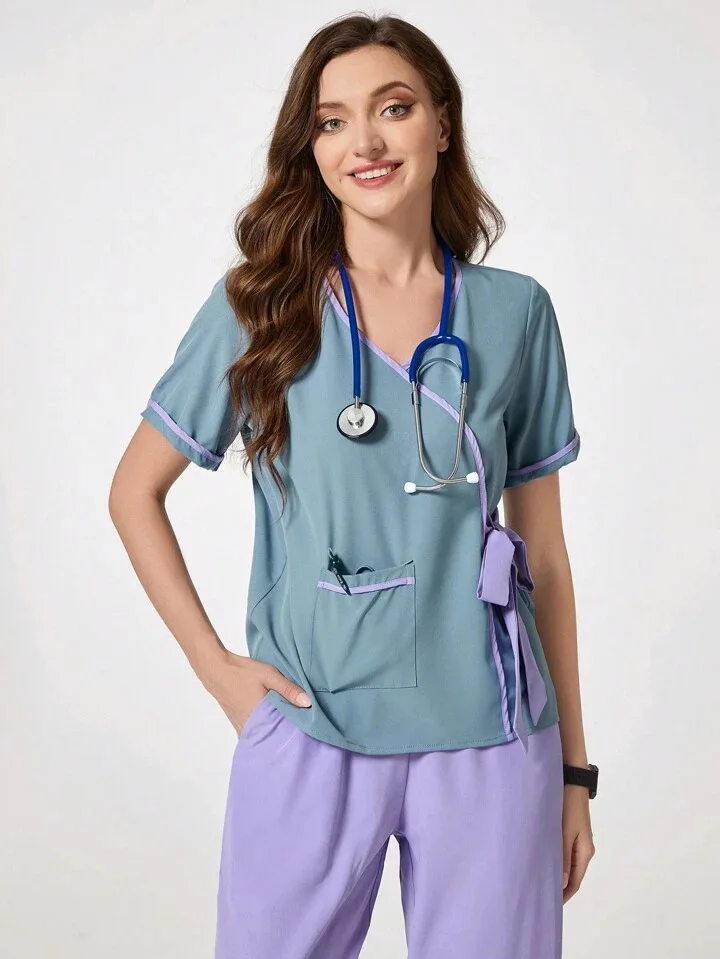 Medical Scrub Set Contrast Color Bow Tie Short Sleeve Top Elastic Waist Pants Nurse Uniform Beauty Spa Clinical Work Suit