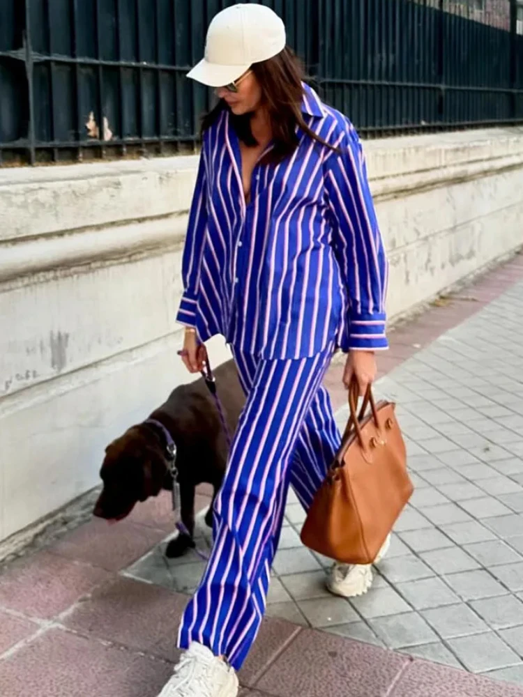 Summer Casual Women Striped Shirt Suit Long Sleeves Lapel Top Elastic High Waist Pockets Straight Leg Pant New Female Chic Set