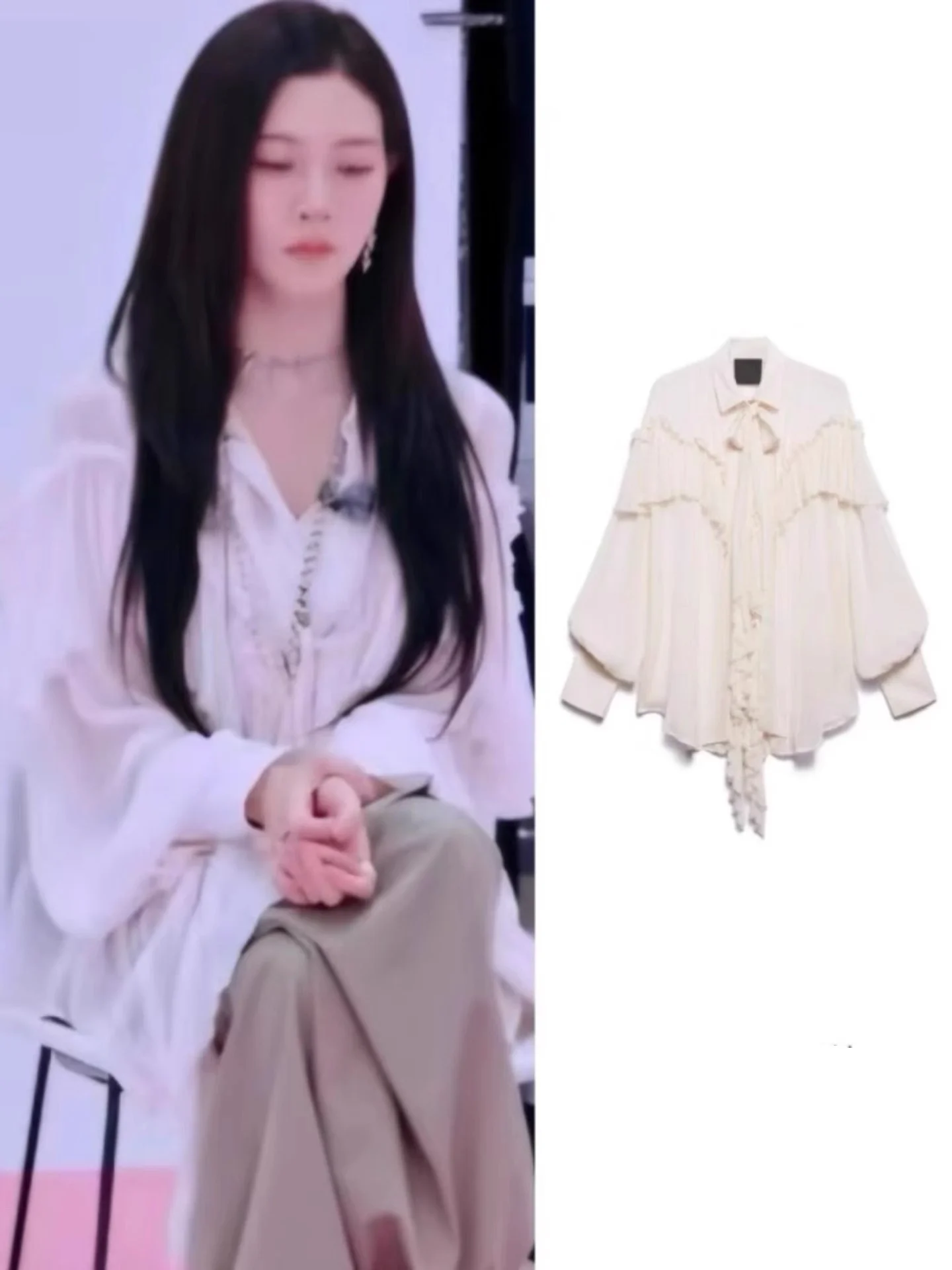 

White Long Sleeve Ruffle Hem Shirt Women's Design Sensation Summer New Style EXJR Casual Loose Fit Pure Color Shirt