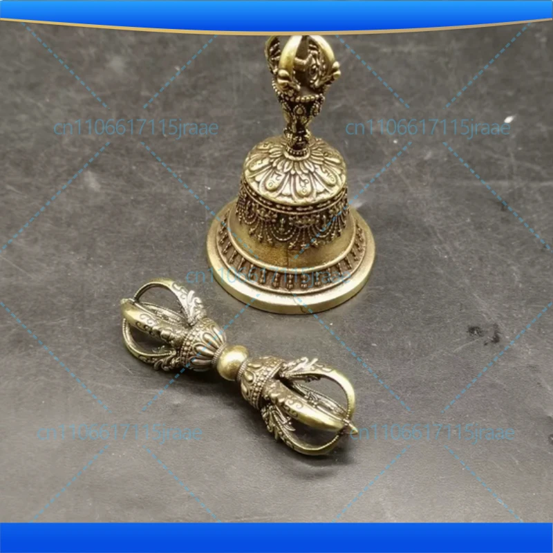 Nepalese Handmade Five-Strand Vajra Bell and Vajra Pestle Large Brass Gong and Bell Tibetan Esoteric Ritual Instrument