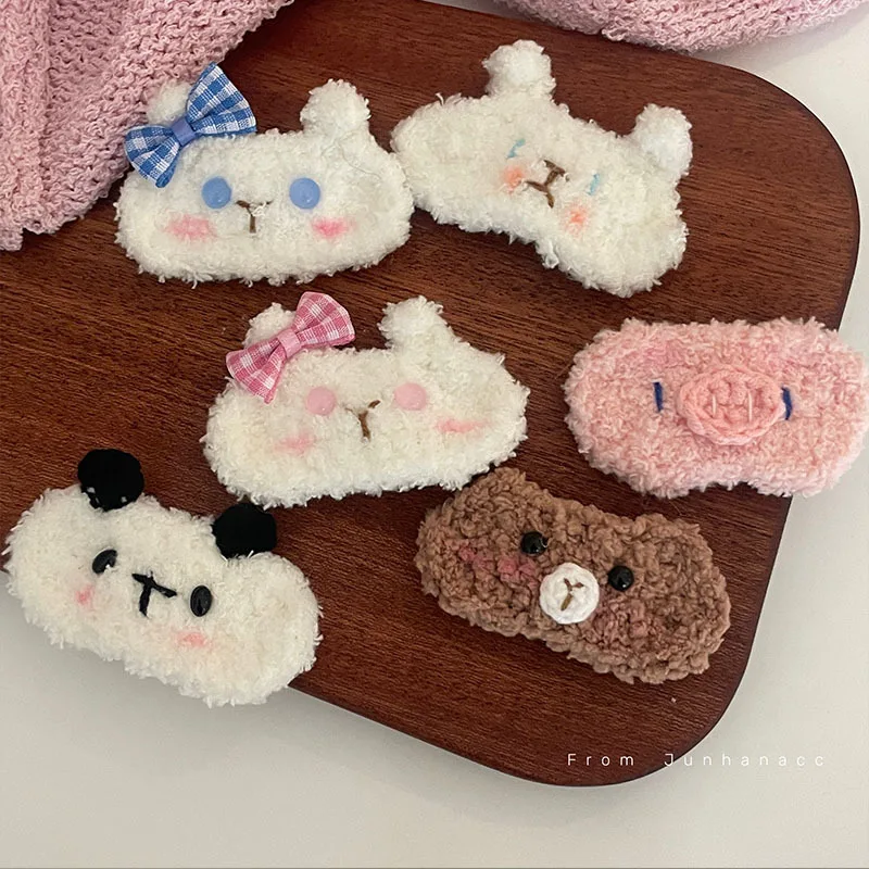 1 Piece Furry Sweet Girl Hair Clip Cute Cartoon Animal Rabbit Kitten Piggy Hair Pin Autumn Winter Plush Knitted Bang Side Clip