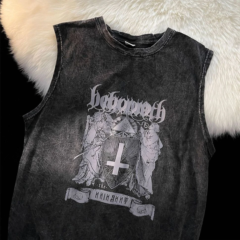 

American Sleeveless Vest for Men Summer Heavyweight Pure Cotton Washed and Worn-out Casual Shoulder T-shirt