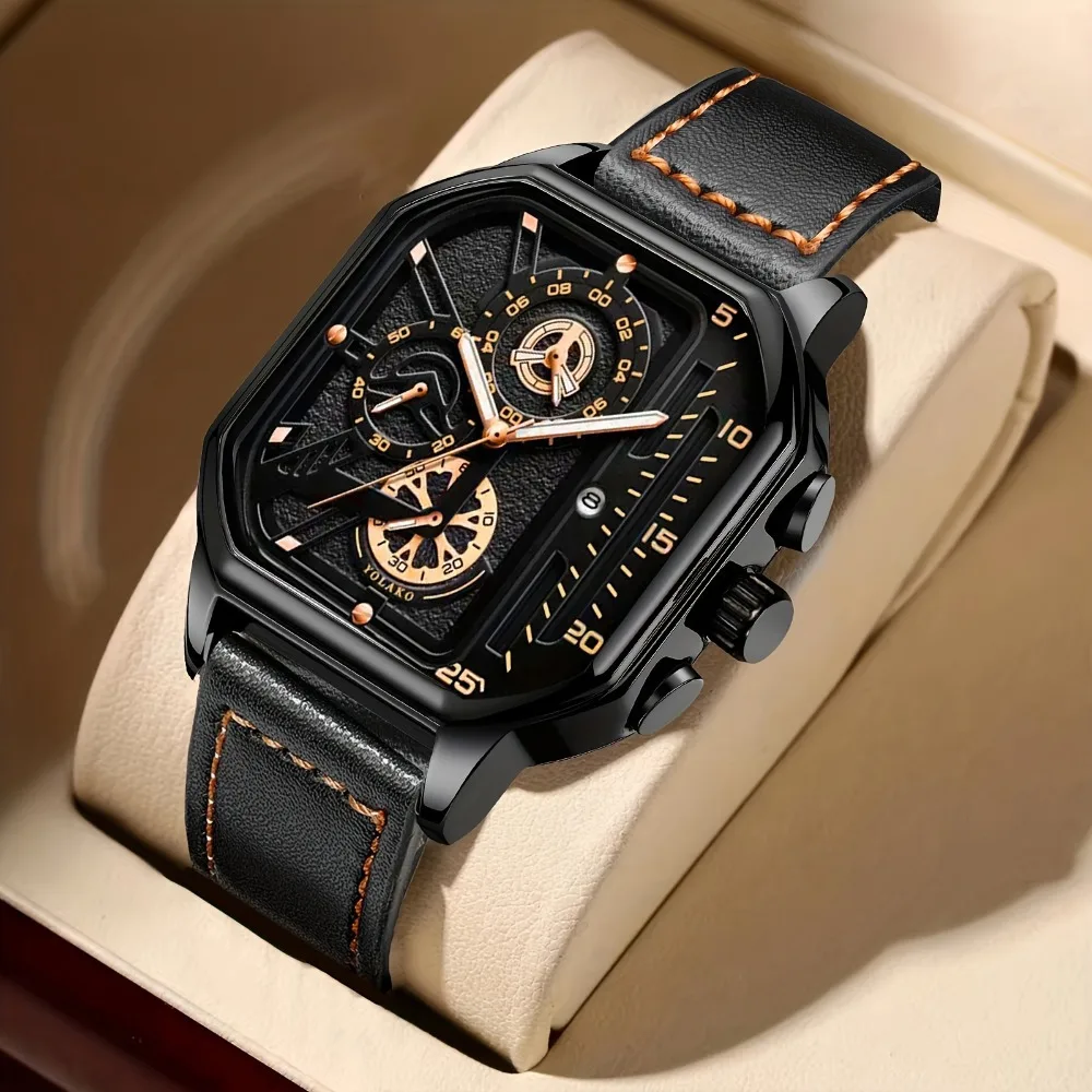 3pcs Fashion Mens Watch Alloy Analog PU Leather Strap Meal Watch Bracelet Necklace Jewelry Set Gifts for Boyfriend and Father