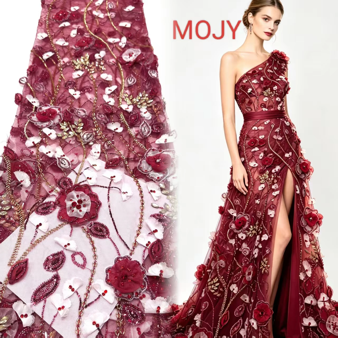 3D Flower Rhinestone Beaded Tulle Lace Fabric, Burgundy Lace Material for Bridal Gown Prom Dress