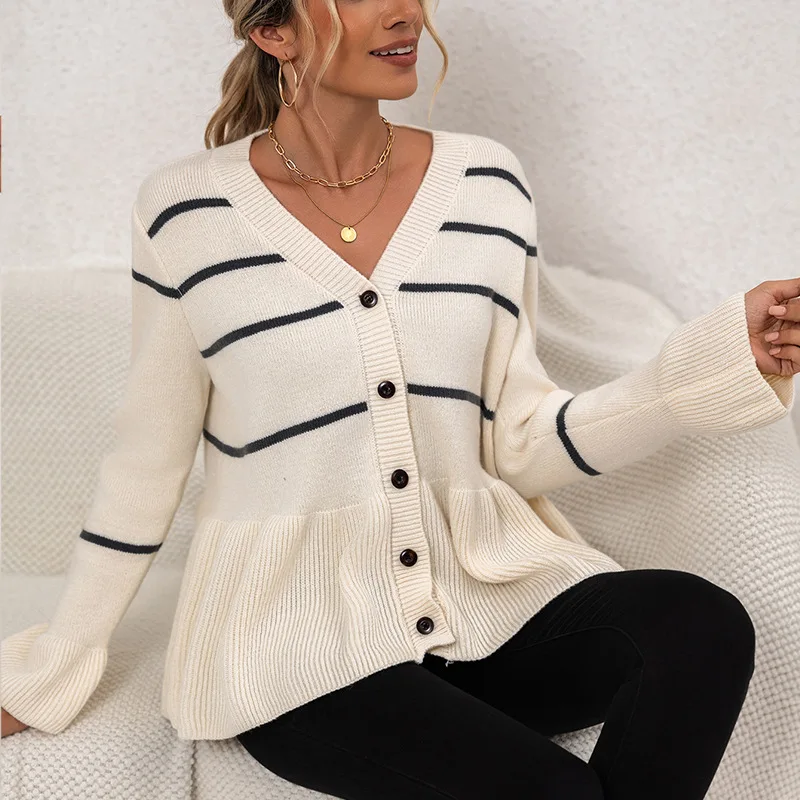 Pull à manches longues en tricot ample et rayé, col en v, Cardigan européen et américain, vêtements pour femmes, nouvelle collection automne/hiver