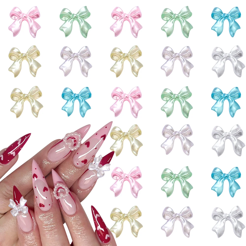 100 pièces couleur perle rose/blanc ruban nœud breloques pour ongles pièces Kawaii Aurora noeud papillon bijoux pour ongles 10*10mm décoration Nail Art Accesso