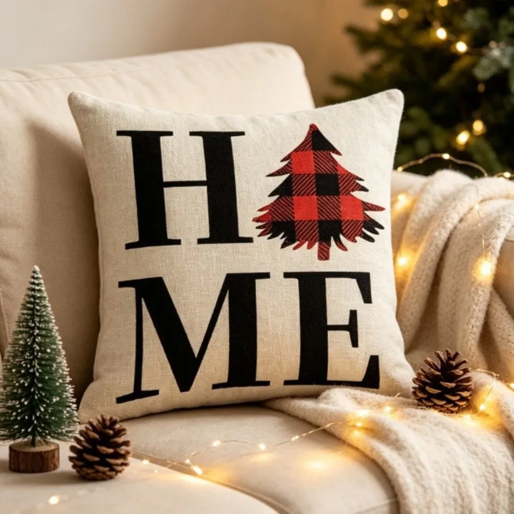 Reindeer 45cm 17in Christmas Pillow Covers Flax Soft Plaid Cushion Cover Comfortable Skin-friendly Xmas Pillowcase Sofa