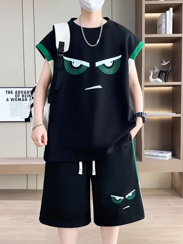 

Casual Loose Men's Summer Set Thin Sleeveless T-shirt And Vest Two-Piece Set Polyester Fiber Short Sleeve Five-Pants