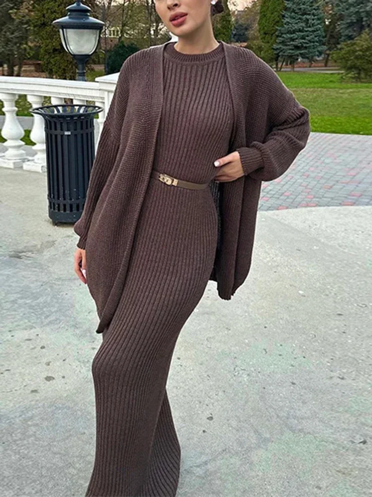 Casual Two-piece Set Women Knit Suit Solid Color Top and Tight High Waist O-Neck Long Dresses Autumn 2023