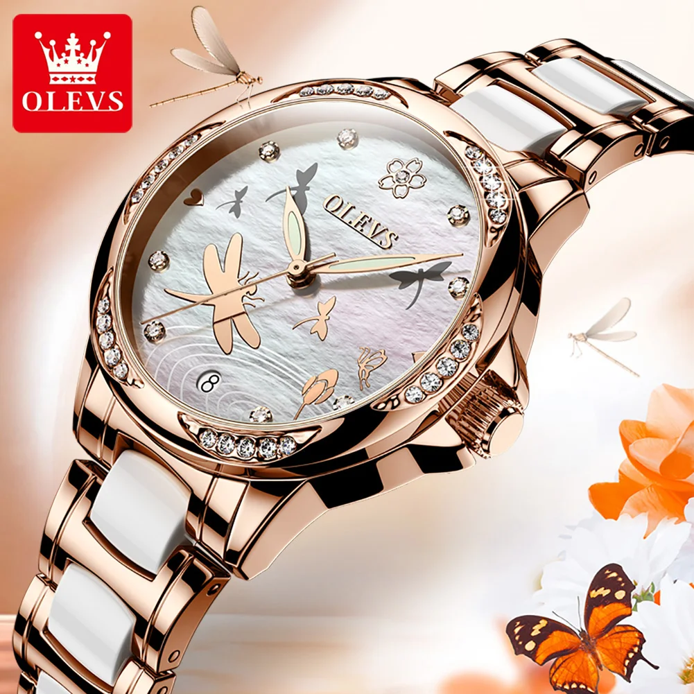 

OLEVS Luxury Dragonfly Ceramic Women Mechanical Watches Mother-of-Pearl Dial Rhinestone Scale Waterproof Automatic Watch Woman