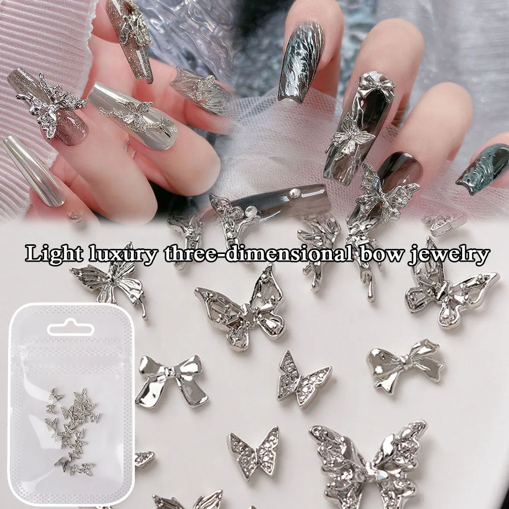 Accesorios para manicura, 10 piezas, mariposa de Metal, lazo plateado, decoración de manicura, estilo Punk, suministros de manicura, aleación 3D