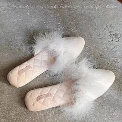 Fur Slippers for Indoor Home Use Anti Slip French Evening Style Satin Surface for External Wear