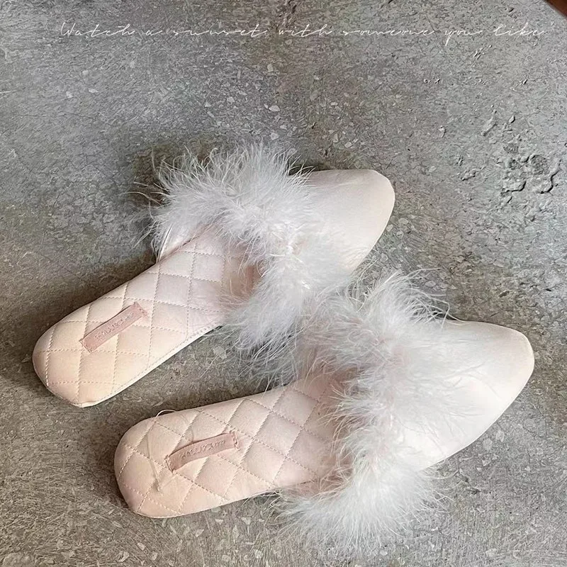 Fur Slippers for Indoor Home Use Anti Slip French Evening Style Satin Surface for External Wear