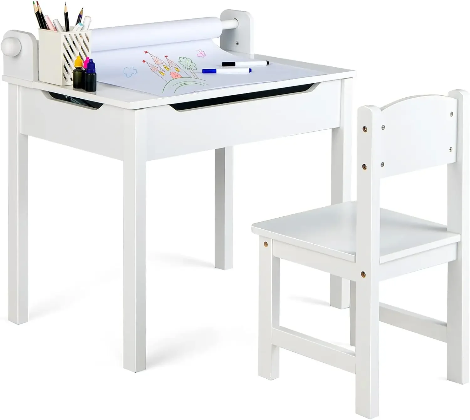 

%a Flip Top Kids Art Craft Table w/Chair for Playroom Kindergarten, Toddler Drawing Writing Desk Set w/Paper Roll & 2 Markers