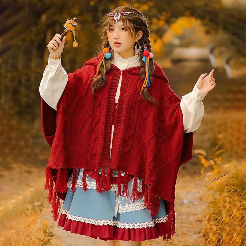 

Red Tassel Capes Lolita Coat Sweet Vintage Autumn Winter 2024 New Knitted Hooded Poncho National Women Cloak Thick Warm Loose