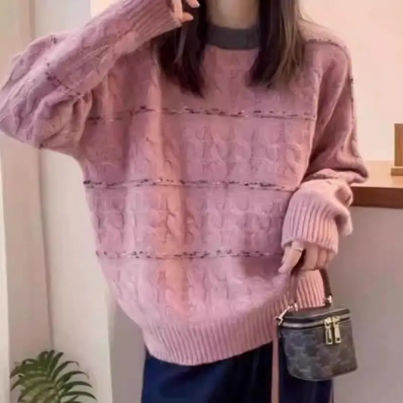 Sweater bergaris kontras yang lembut dan berbahan lilin untuk wanita, sweater wanita musim gugur dan musim dingin, gaya santai, kaos dalaman, Gaya Fashion Terbaru
