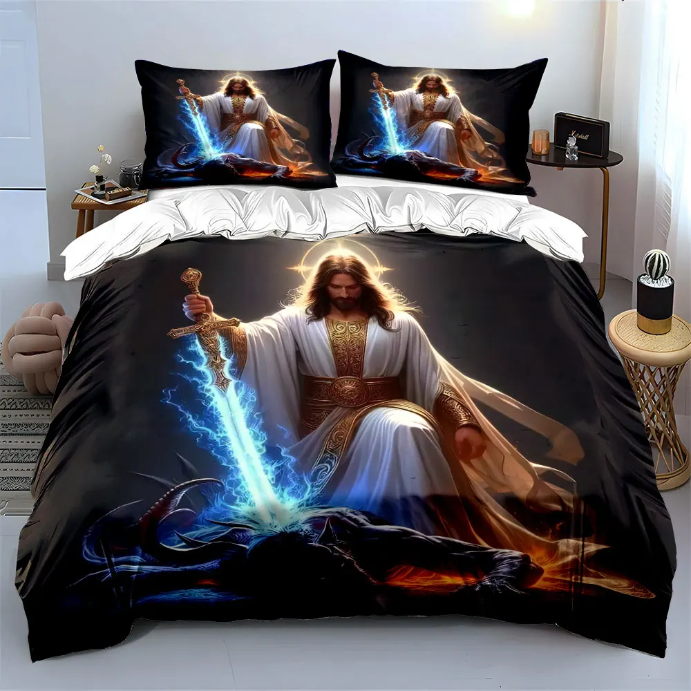 Divine Saint Triumphs Over Demon Print Bedding Set 1 Duvet Cover 2 Pillowcases for Adult and Children Luxury Gift Full Size