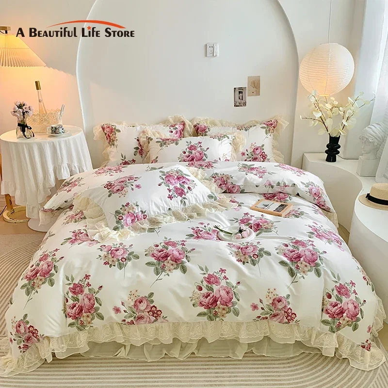 Double Layer Lace Ruffles Korean Princess 100% Cotton Bedding Set Elegant Vintage Rose Floral Duvet Cover Bed Skirt Pillowcases