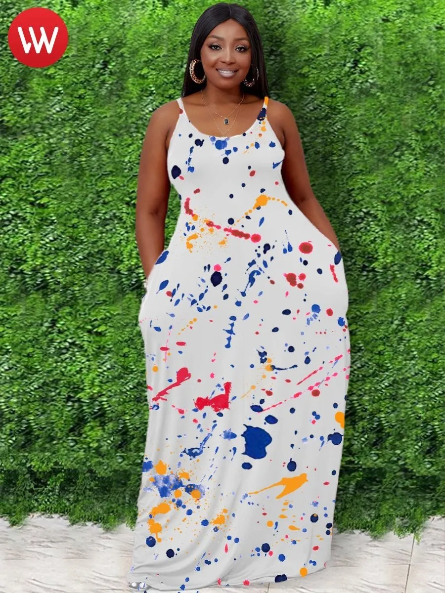 LW 플러스 사이즈 보호 드레스 U 넥 스플래시 잉크 디자인, 흰색 바닥 길이 스파게티 스트랩, 느슨한 민소매 해변 여름 복장