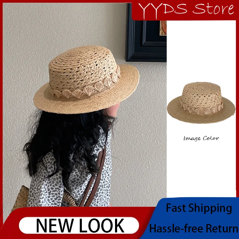 

Summer Korean Style Raffia Shell Flat Sun Hat Side Detail Large Brim UV Protection Straw Cap for Girls Beach Outdoor Daily