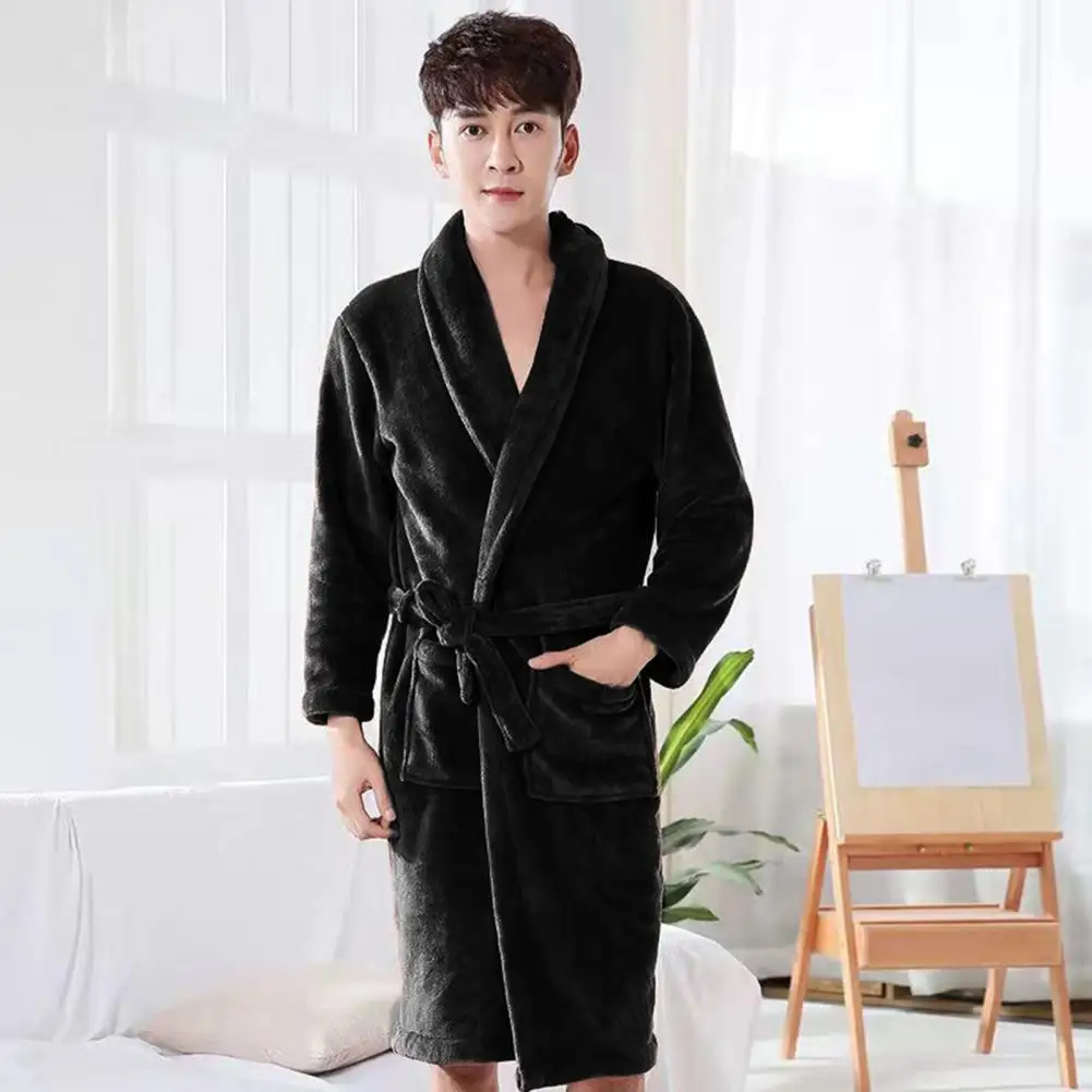 Knee Length Nightgown Unisex Winter Bathrobe Thick Warm Great Water Absorbent Lace Up Long Sleeve Cardigan Lapel Pockets