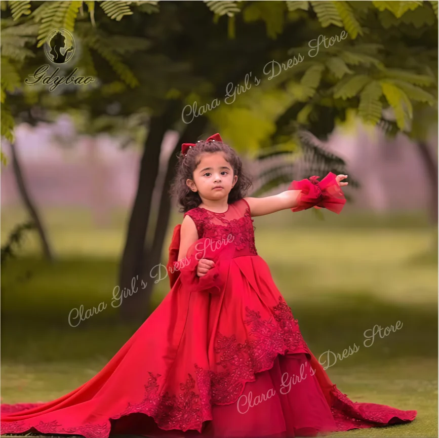 

Classic Round Neck Lace Applique Sleeveless Formal Children's Communion Dress Long Retro Train Flower Girl Dress