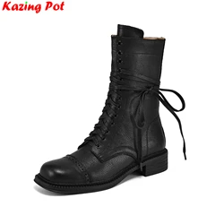 Krazing Pot Big Size Cow Leather Chunky Med Heels Modern Western Boots Winter Autumn Concise Luxury Retro Women Mid-calf Boots